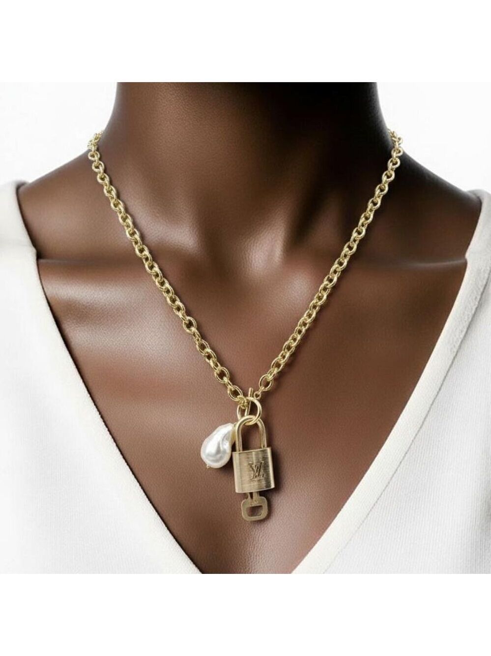 Authentic Louis Vuitton Gold Padlock w/unbranded 16k Gold Plated Stainless Steel - Picture 2 of 16